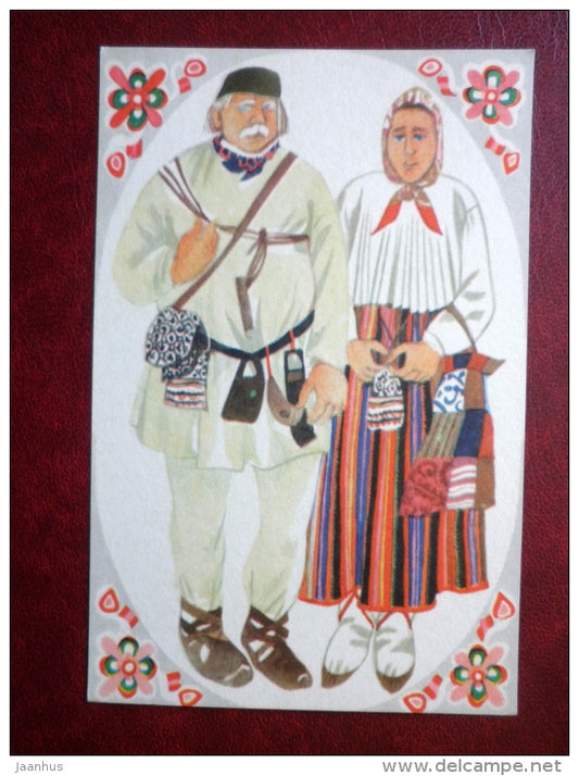 Estonian national costumes - Seal hunter and girl from Kihnu island - 1975 - Estonia - USSR - unused - JH Postcards