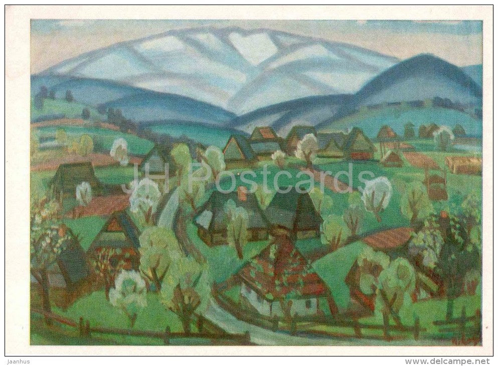 painting by Andriy Kotska - The Spring - village - ukrainian art - unused - JH Postcards