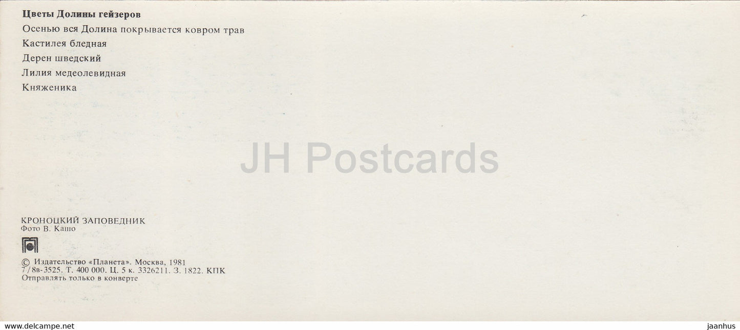 Kronotsky Nature Reserve - Indian paintbrush - Bunchberry - lily - Arctic bramble flowers - 1981 - Russia USSR - unused