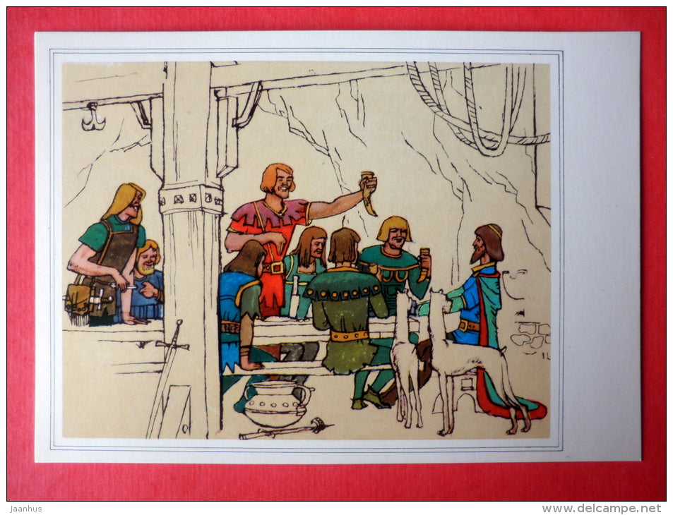 illustration by A. Blokh , L. Korsakov - fellows - dog - Robin Hood - 1975 - Russia USSR - unused - JH Postcards
