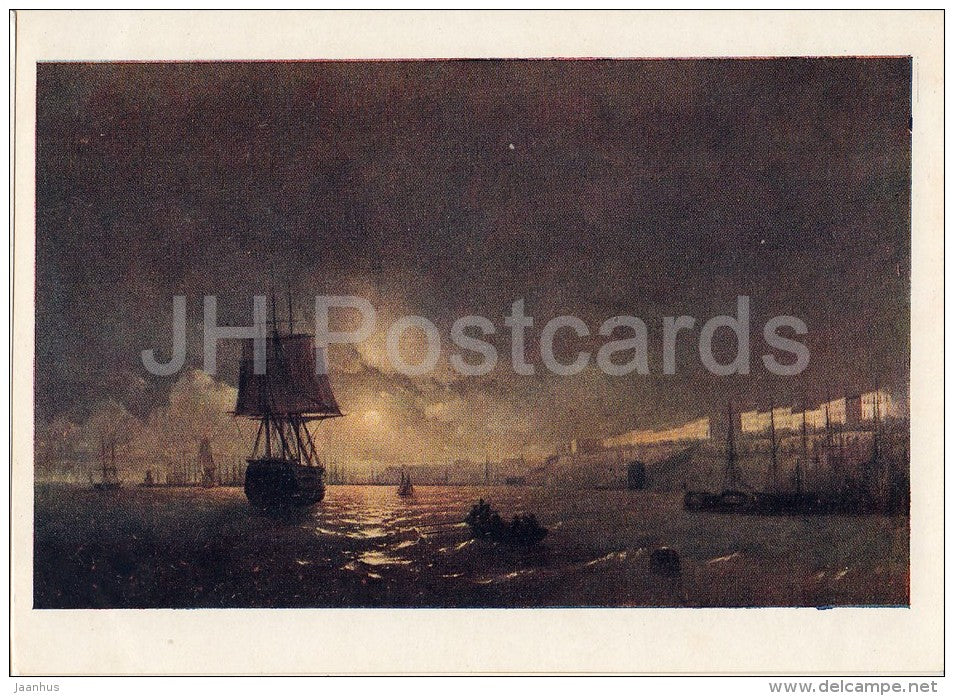 painting by I. Aivazovsky - Moonlight Night in Odessa , 1846 - sailing ship - Russian art - 1952 - Russia USSR - unused - JH Postcards