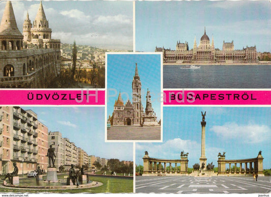 Greetings from Budapest - monument - parliament - castle -  cathedral - architecture - multiview - 1970 - Hungary - used - JH Postcards