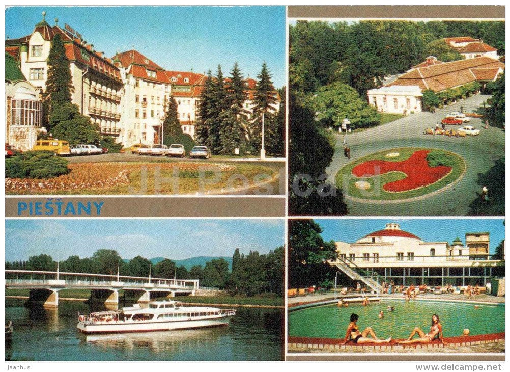 Piestany - Thermia Palace - spa - Napoleon - colonnade bridge - passenger boat - Czechoslovakia - Slovakia - used 1981 - JH Postcards