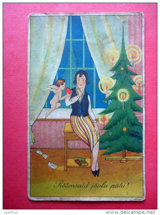 christmas greeting card - angel - woman - christmas tree - old postcard - used - JH Postcards