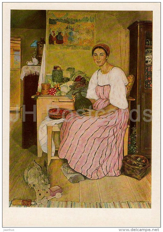 painting by A. Ukhanova - Housewife , 1916 - hare - woman - toy - Russian art - Russia USSR - 1983 - unused - JH Postcards