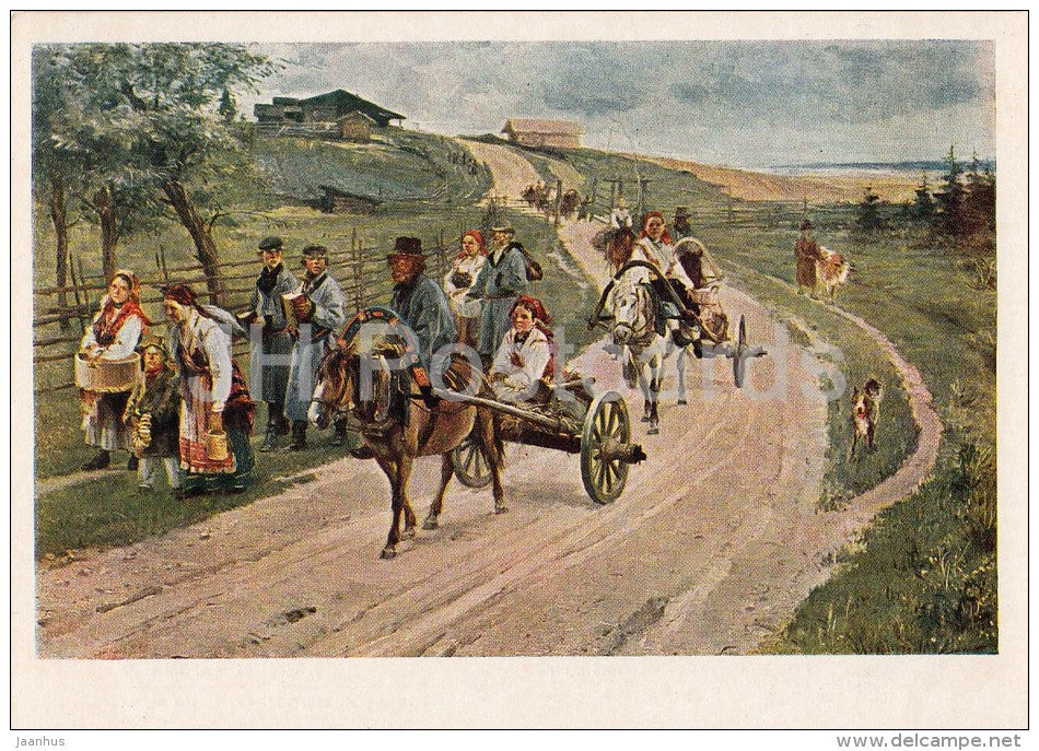painting by I. Pryanishnikov - Returning from the F air , 1883 - horse - Russian art - 1953 - Russia USSR - unused - JH Postcards
