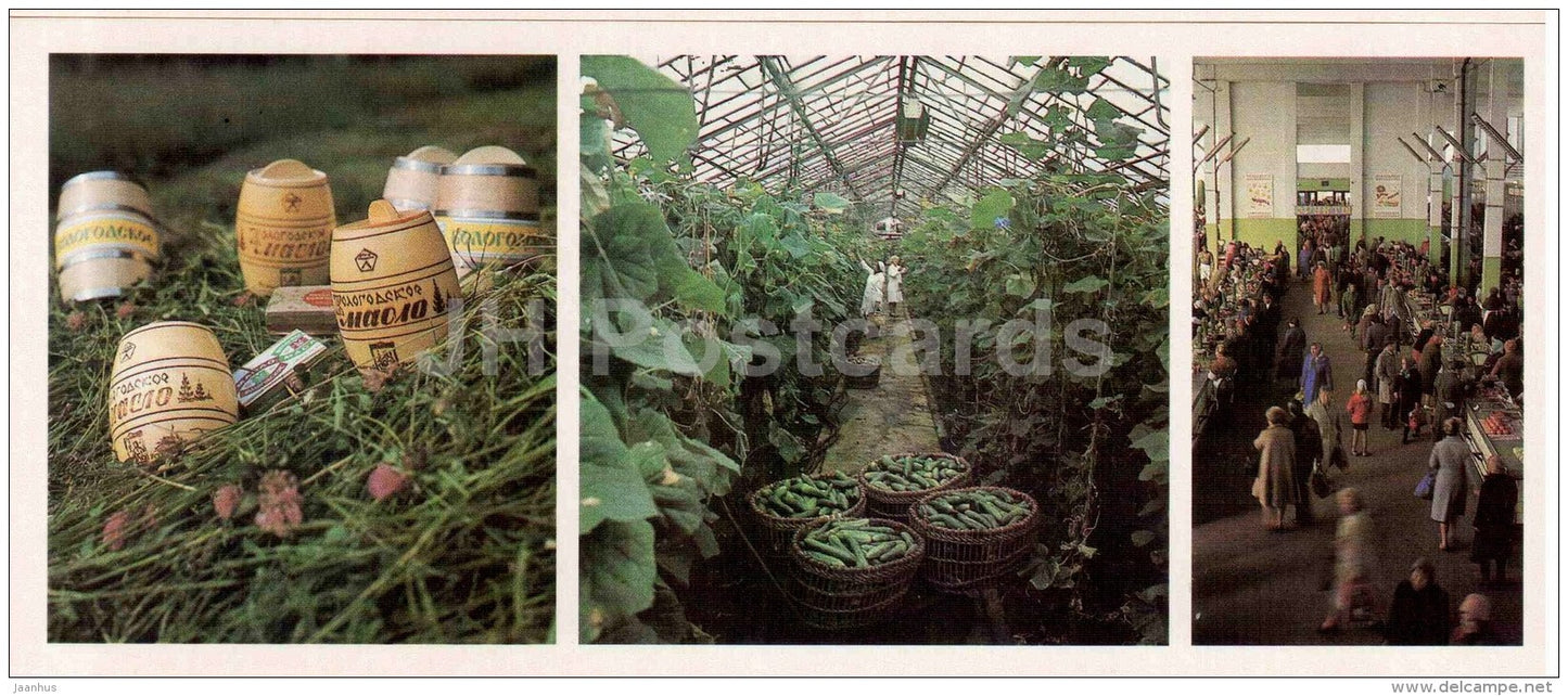 milk production - butter - cucumber - kolkhoz market - Vologda Region - 1987 - Russia USSR - unused - JH Postcards