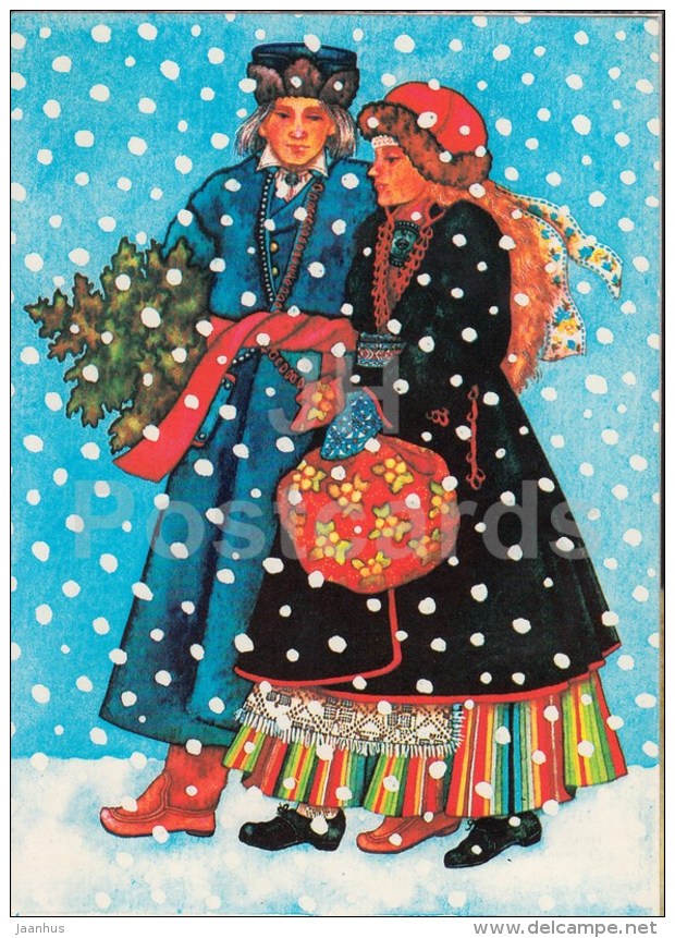 New Year Greeting Card by V. Noor - People in Estonian Folk Costumes - 1989 - Estonia USSR - used - JH Postcards