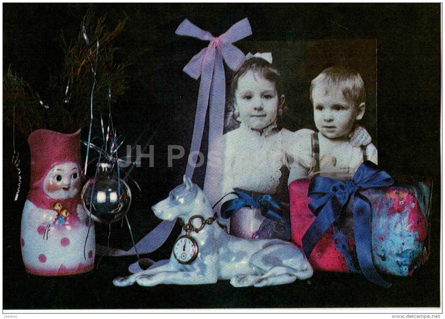 New Year Greeting card - dog statue - clock - photo - gifts - 1990 - Estonia USSR - used - JH Postcards