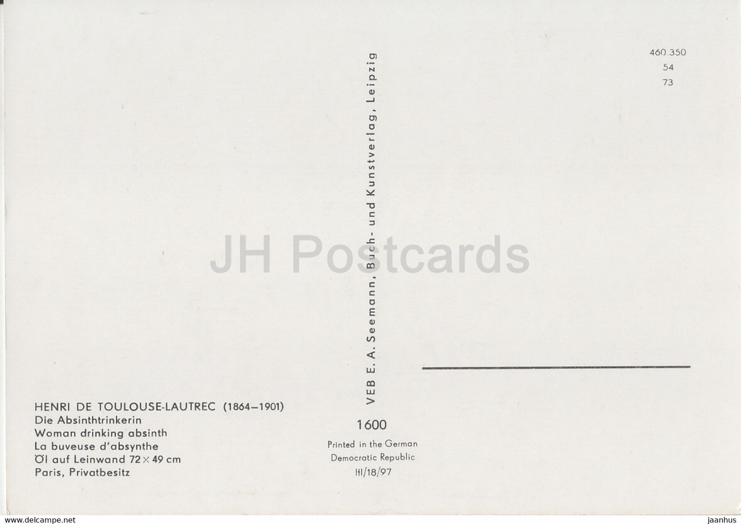 peinture de Henri de Touluse Lautrec - Die Absinthtrinkerin - Femme buvant de l'absinthe - Art français - Allemagne DDR - inutilisé