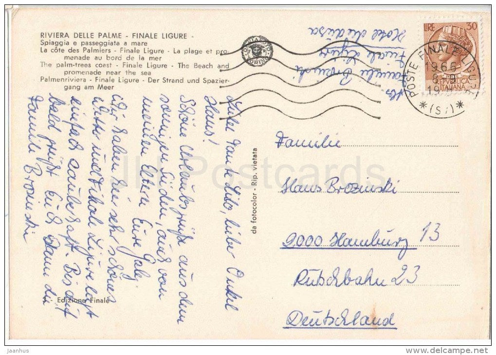 Finale Ligure - Riviera delle Palme , beach - Savona - Liguria - Italia - Italy - sent from Italy to Germany 1966 - JH Postcards