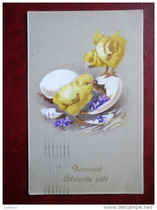 Easter Greeting Card - chicken - eggs - flowers - EAS - circulated in Estonia 1927 , Tallinn , Kopli - France - used - JH Postcards