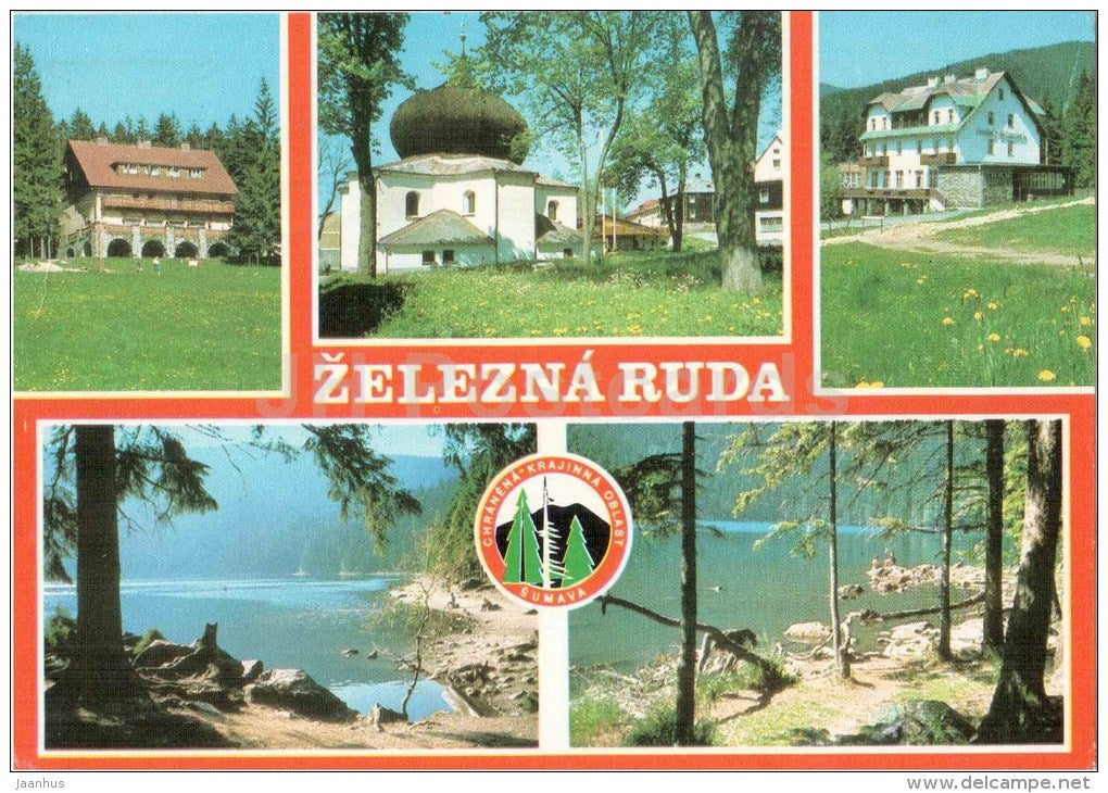 Zelezna Ruda - Klatovy district - hotel Hrncir - church - hotel Sirotek - Czechoslovakia - Czech - used 1979 - JH Postcards