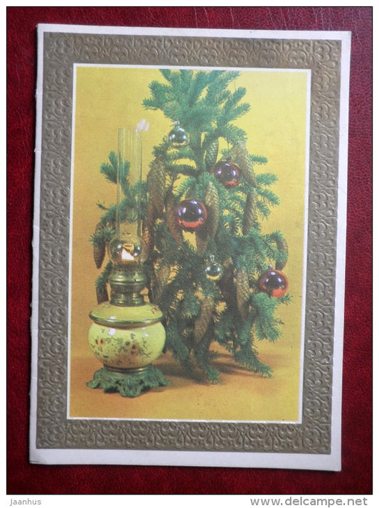 New Year Greeting card - Oil burner - decorations - cones - 1978 - Estonia USSR - used - JH Postcards