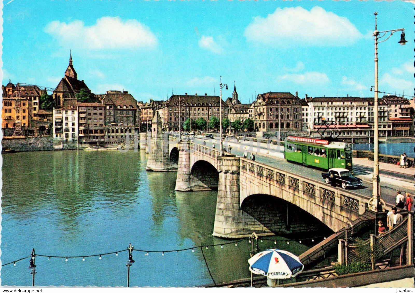 Basel - Basle - Mittlere Rheinbrucke und St Martinskirche - bridge - tram - 1966 - Switzerland - used - JH Postcards