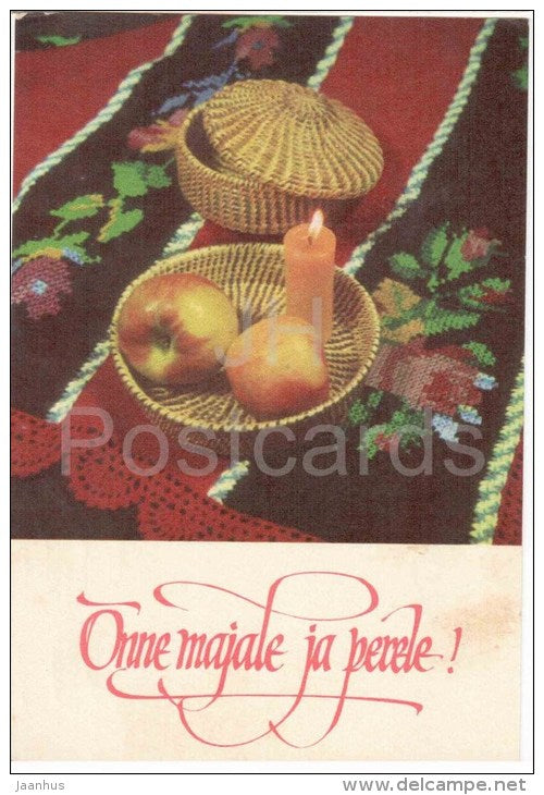 New Year Greeting card - 1 - apples - candle - embroidery - 1974 - Estonia USSR - used - JH Postcards