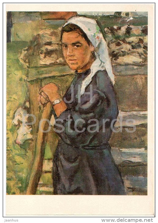 painting by V. Kostetsky - Cattle breeder Lyuba Veret - woman - russian art - unused - JH Postcards