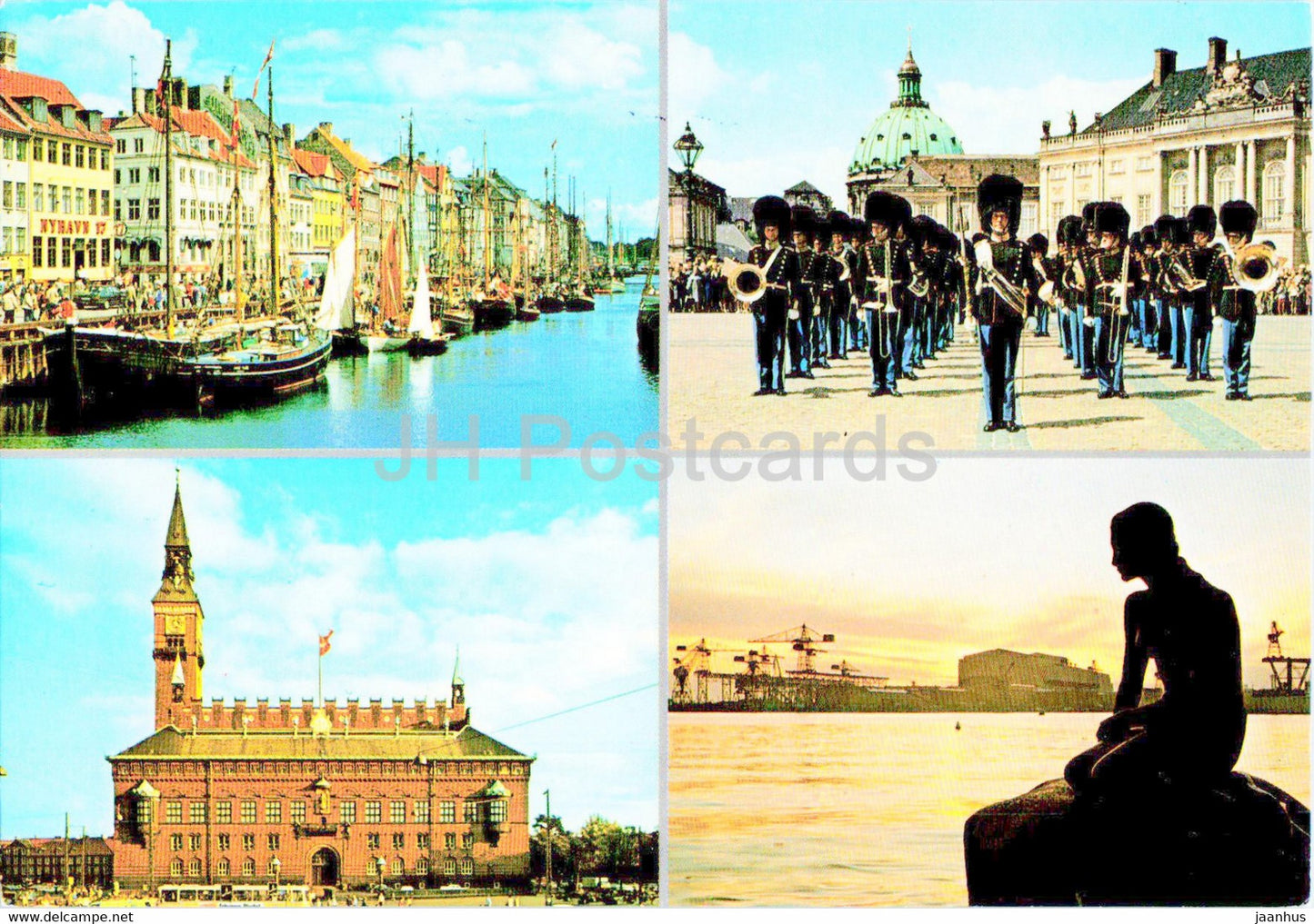 Copenhagen - Nyhavn - The Royal Guards - The Town Hall - The Little Mermaid - boat - multiview - 1998 - Denmark - used - JH Postcards