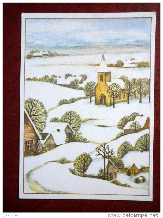 New Year greeting card - illustration by Anne Arus - winter landscape - church - 1990 - Estonia USSR - used - JH Postcards