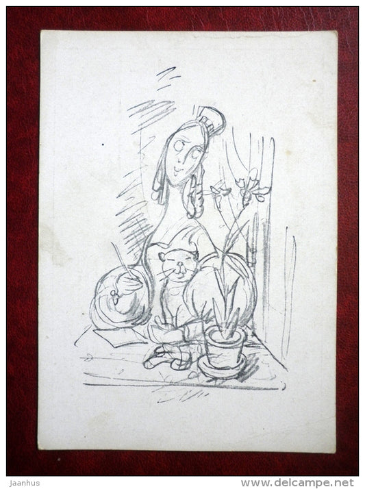 Illustration by Wilhelm Busch - karikatur - caricature - cat - woman - unused - JH Postcards