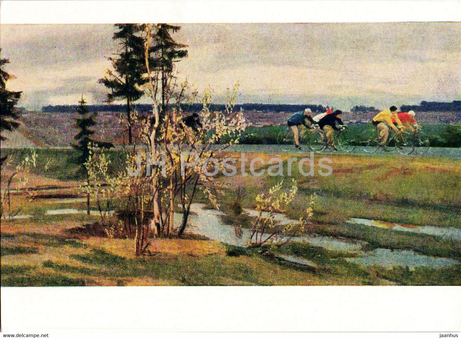 painting by V. Basov - on the roads of the Moscow region - bicycle - Russian Art - 1963 - Russia USSR - unused - JH Postcards