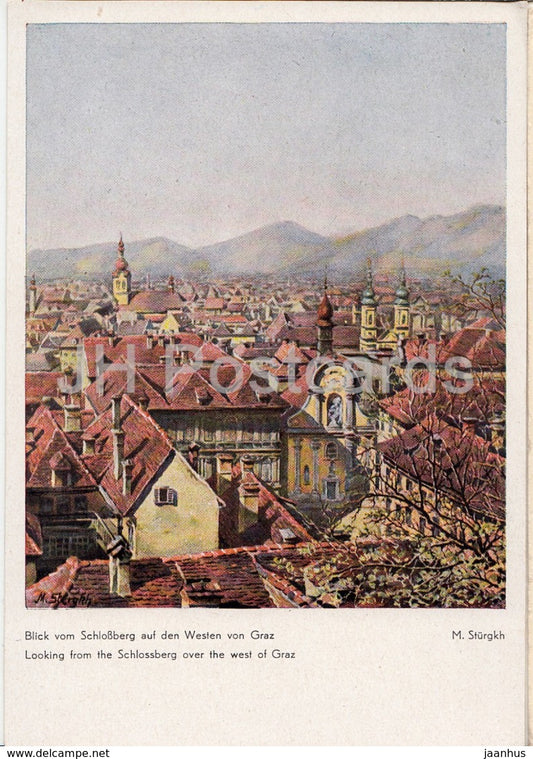 illustration by M. Sturgkh - Looking from the Schlossberg over the west Graz - Austria - unused - JH Postcards