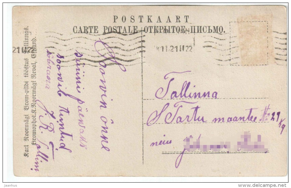 Woman and Man - flowers - couple - old postcard - circulated in Estonia 1922 - used - JH Postcards