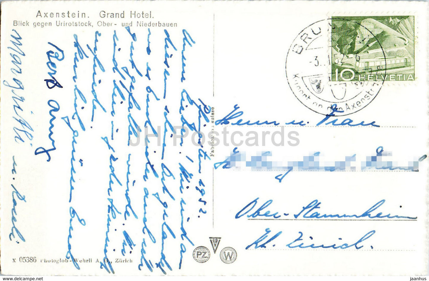 Axenstein - Grand Hotel - Blick gegen Urirotstock - Ober und Niederbauen - 1952 - carte postale ancienne - Suisse - utilisé