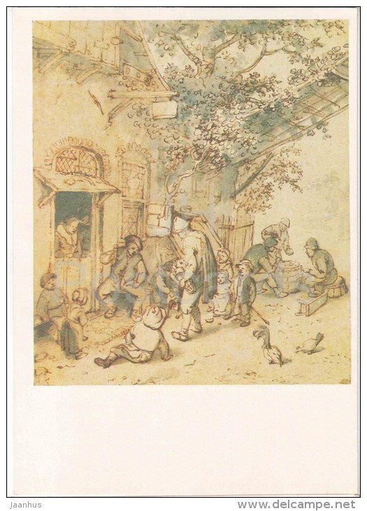 painting by Adriaen van Ostade - Piper front of the house of village shops - children - dutch art - unused - JH Postcards