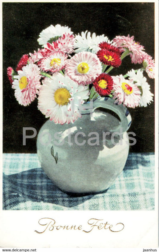 Birthday Greeting Card - Bonne Fete - flowers in a vase - 360 - old postcard - 1952 - France - used - JH Postcards