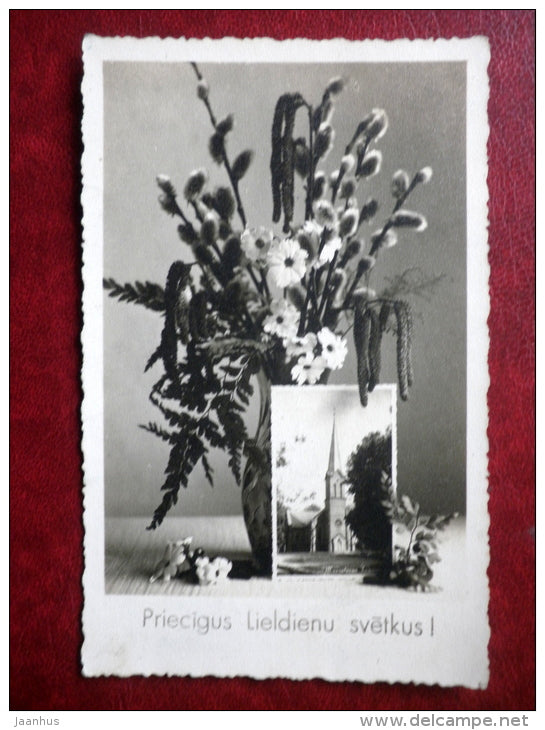 Easter Greeting card - church - flowers - circulated in 1946 -  Latvia  - used - JH Postcards