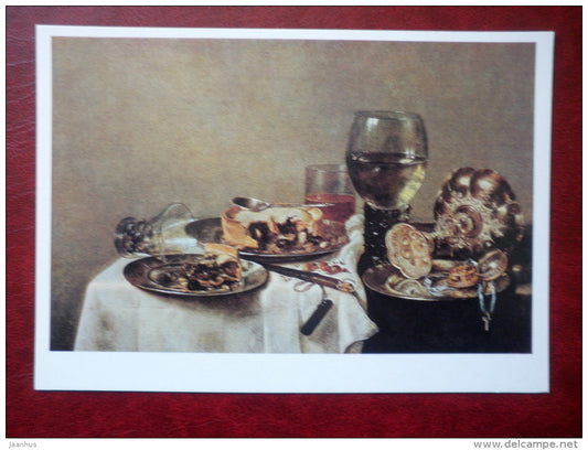 painting by Willem Claeszoon Heda , Still Life , Breakfast with blackberry pie , c 1631 - dutch art - unused - JH Postcards
