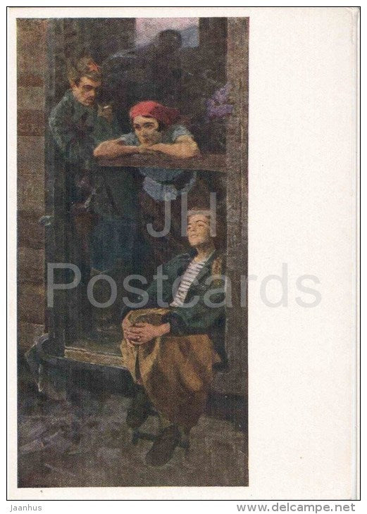 painting by M. Klionsky - On the Road - soldier - wagon - russian art  - unused - JH Postcards