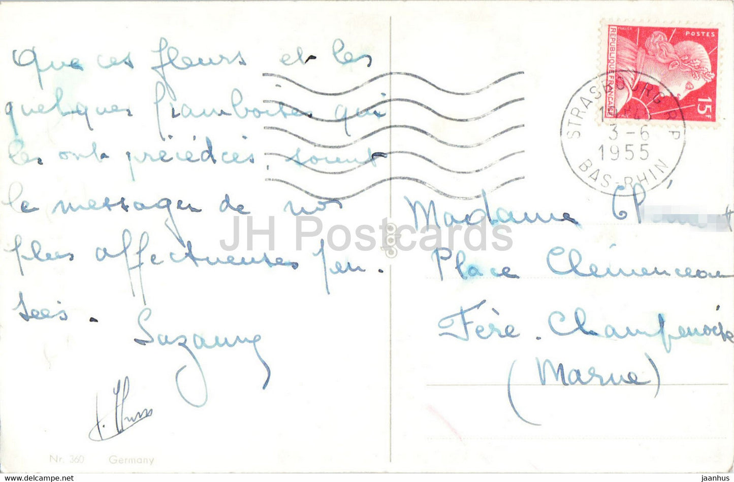 Carte de voeux d'anniversaire - Bonne Fête - fleurs dans un vase - 360 - carte postale ancienne - 1952 - France - occasion