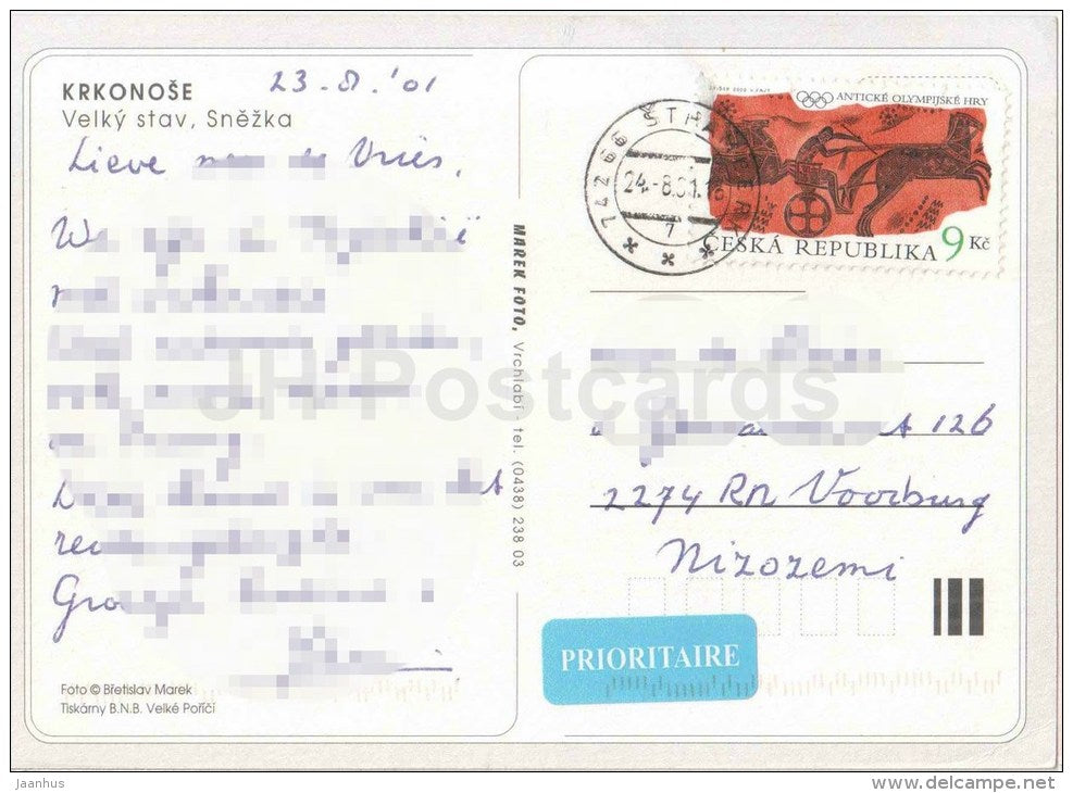 Krkonose - Snezka mountain - Antique Olympics Stamp - Czech Republic - used 2001 - JH Postcards