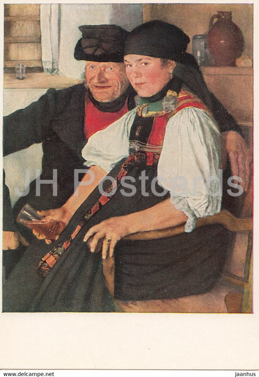painting by Wilhelm Leibl - Old Man and Young Woman - Ungleiches Paar - folk costumes - German art - Germany - unused - JH Postcards