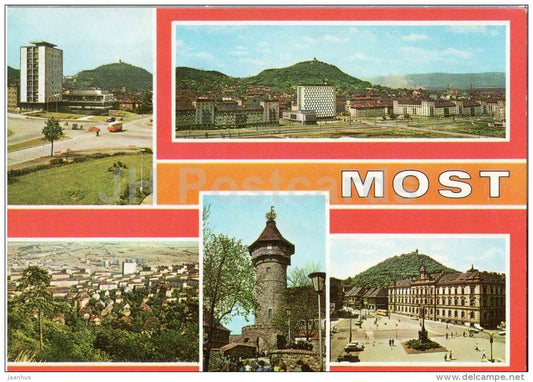 Most - hotel Luna - tower - housing estate - square - Czechoslovakia - Czech - used 1980 - JH Postcards