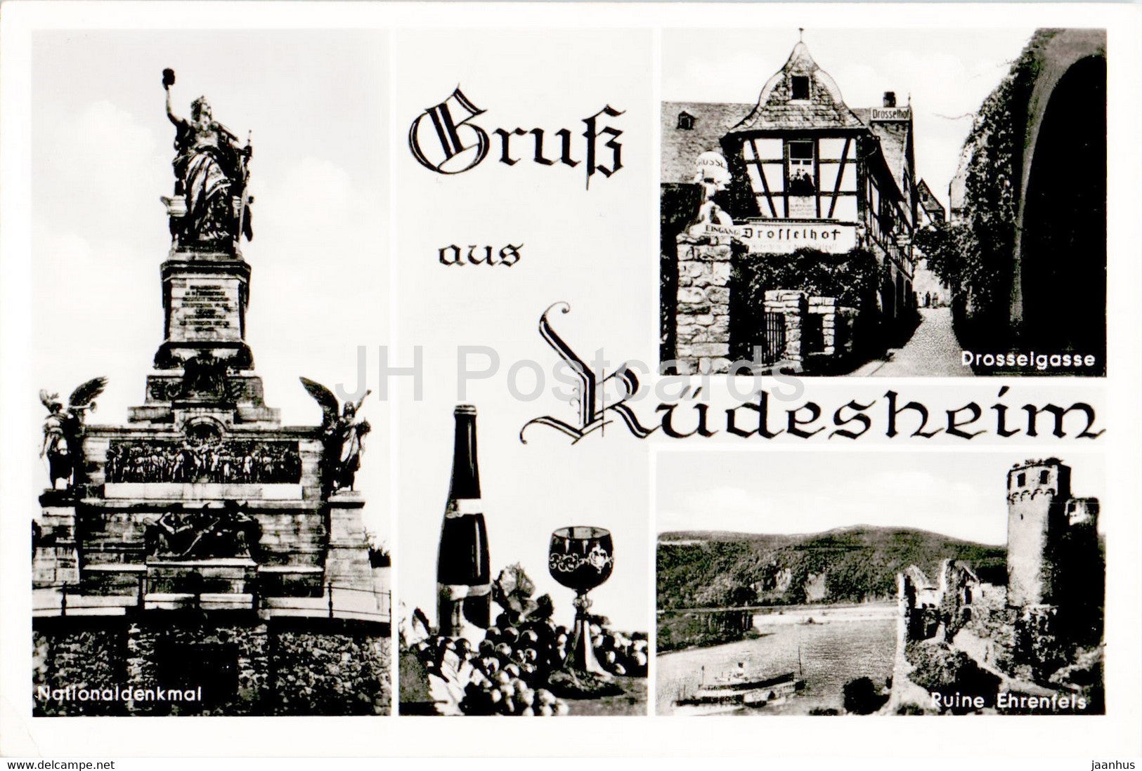 Gruss aus Rudesheim - Nationaldenkmal - Drosselgasse - Ruine - old postcard - Germany - unused - JH Postcards