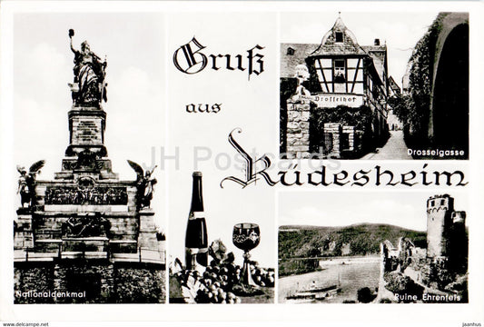 Gruss aus Rudesheim - Nationaldenkmal - Drosselgasse - Ruine - old postcard - Germany - unused - JH Postcards