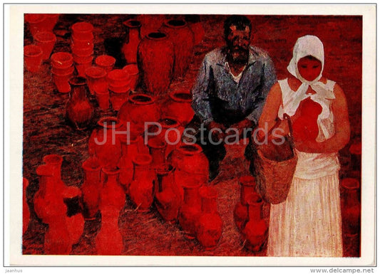 painting by E. Golikhin - I bought a jug , 1967 - handicraft - ceramics - russian art - unused - JH Postcards