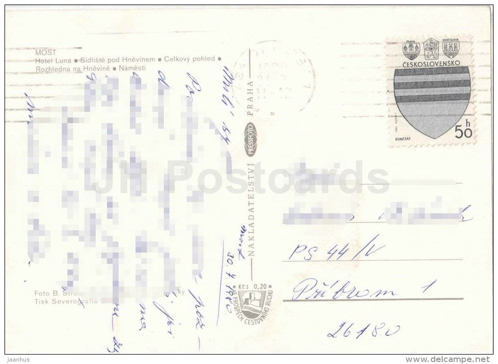 Most - hotel Luna - tower - housing estate - square - Czechoslovakia - Czech - used 1980 - JH Postcards