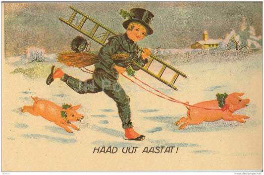 New Year Greeting Card - pigs - chimney sweeper - REPRODUCTION ! - 1988 - Estonia USSR - used - JH Postcards