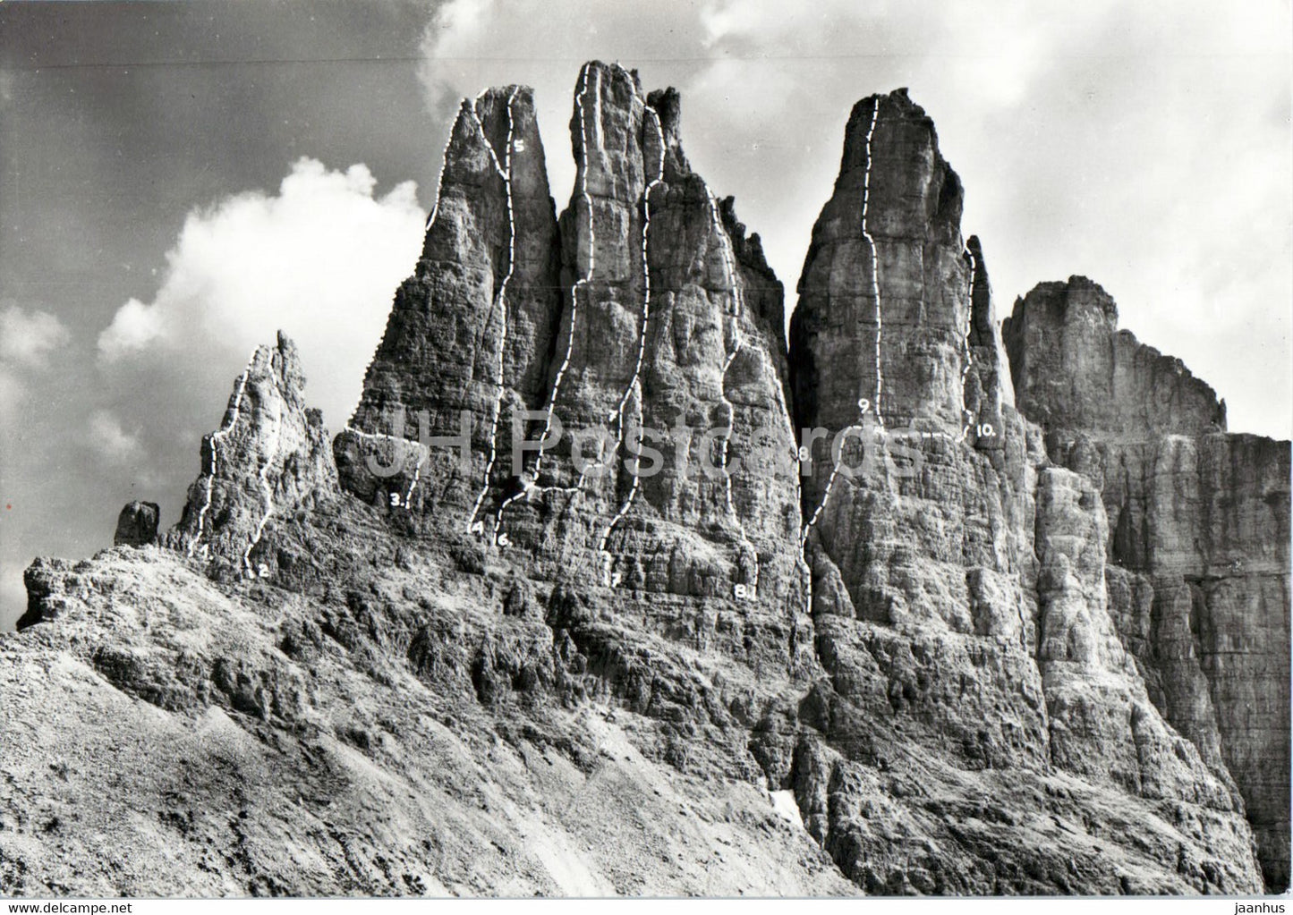 Dolomiti - Torri di Vajolet - Spigolo Piz Piaz - Via Rossi - Spigolo Delago - Via Preuss - old postcard - Italy - unused - JH Postcards