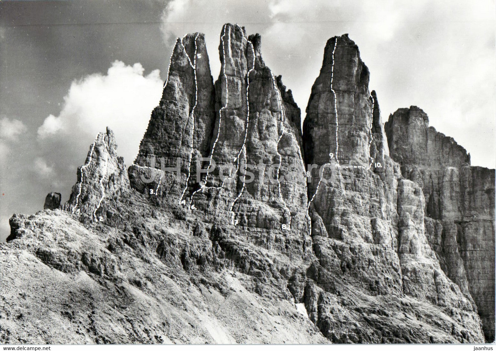 Dolomiti - Torri di Vajolet - Spigolo Piz Piaz - Via Rossi - Spigolo Delago - Via Preuss - old postcard - Italy - unused - JH Postcards