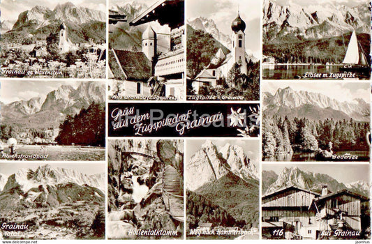 Gruss aus dem Zugspitzdorf Grainau - Eibsee - Badersee - Hollentalklamm - old postcard - 1957 - Germany - used - JH Postcards