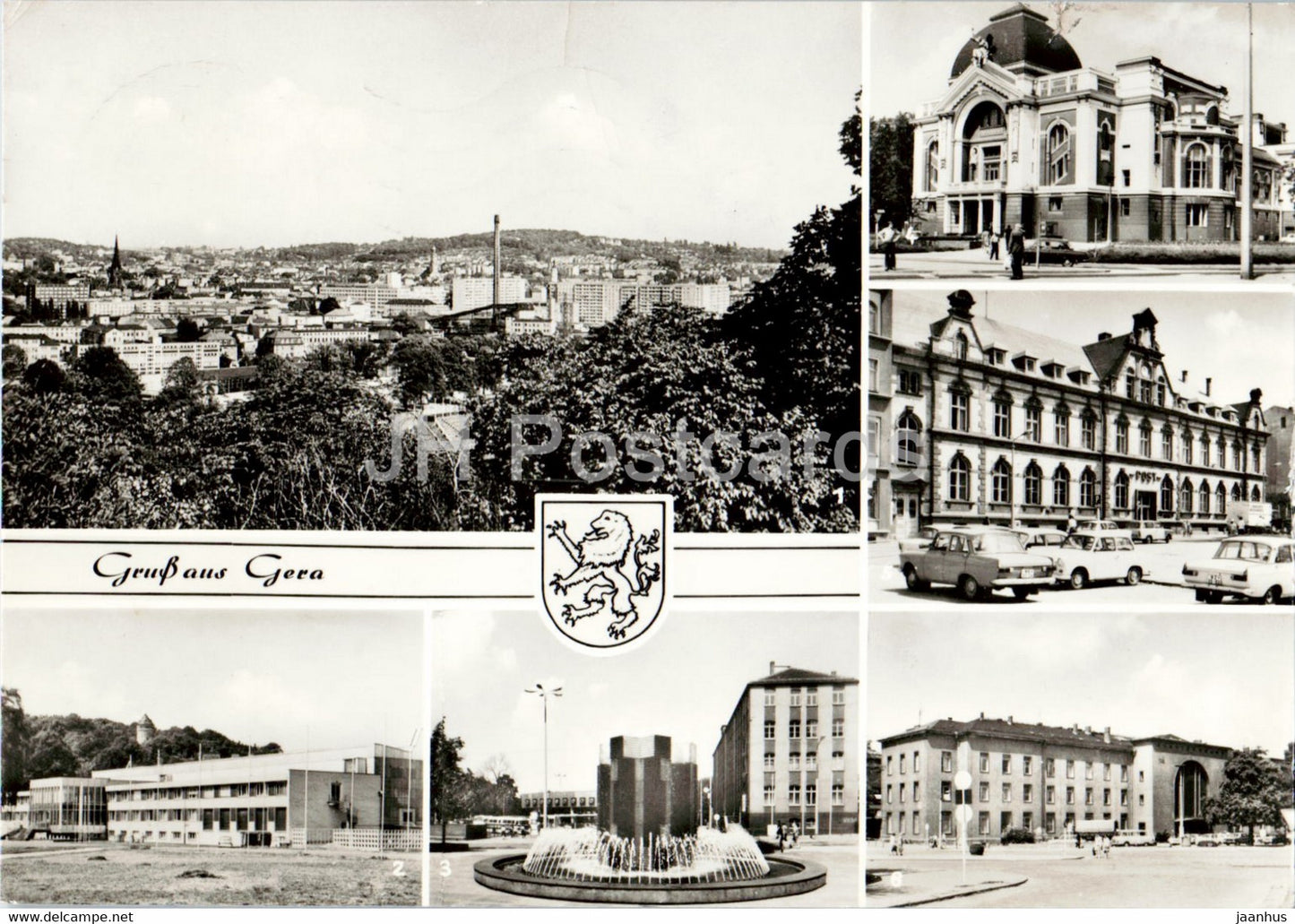 Gruss aus Gera - Blick v Osterstein - Schwimmsporthalle - Am Busbahnhof - Theater - car - 1980 - Germany DDR - used - JH Postcards