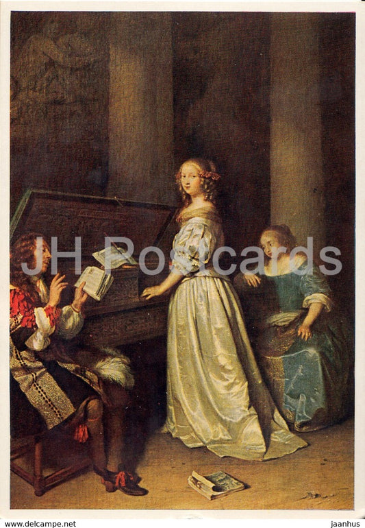 painting by Caspar Netscher - Musikalische Unterhaltung - Musical Entertainment - Dutch art - Germany DDR - unused - JH Postcards