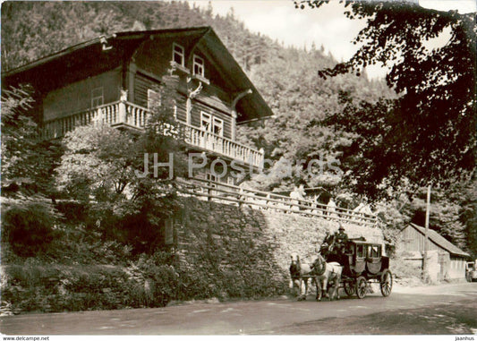 Schwarzburg i Thur - HO Gaststatte Schweizerhaus mit Poskutsche - horse carriage - old postcard - Germany DDR - unused - JH Postcards