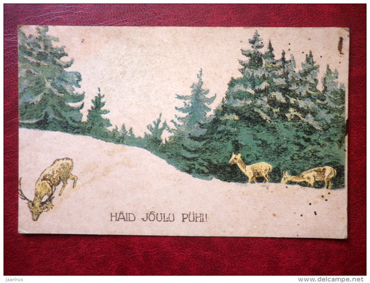 Christmas Greeting Card - Roe deer - winter forest - 1920s-1930s - Estonia - used - JH Postcards