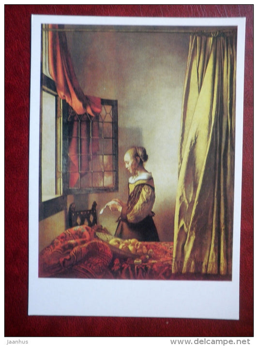 painting by Johannes Vermeer , Girl with a letter , c 1657 - dutch art - unused - JH Postcards